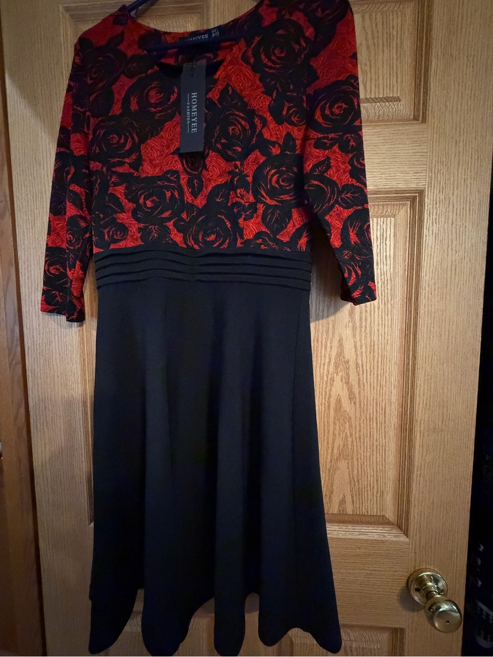 Red Floral Bodice Black Skirt Fit-and-Flare Dress by HOBBYEYE